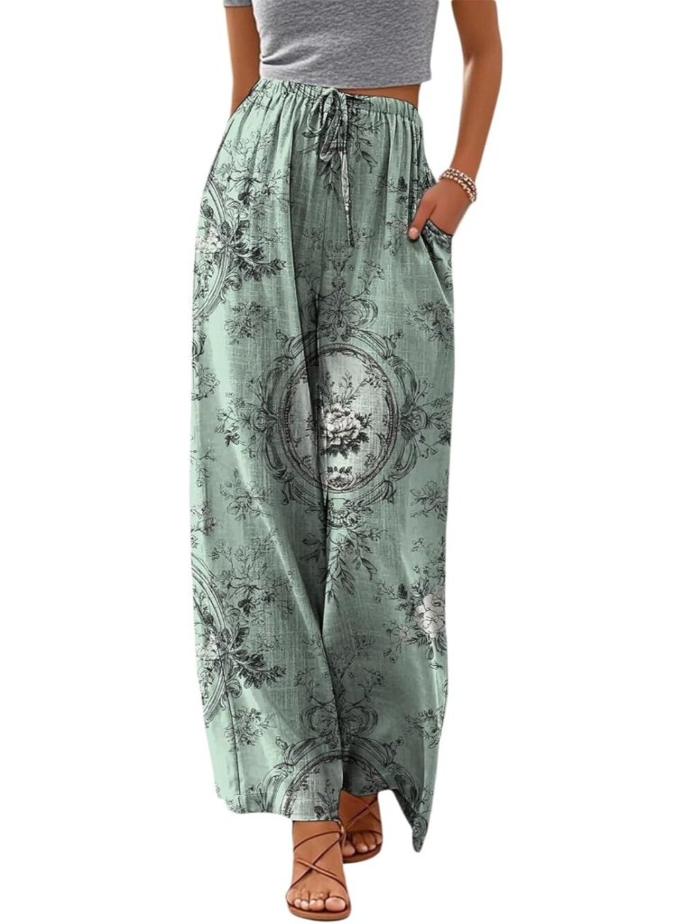 〽️Women's Wide Leg Pants Green Rose Drawstring Summer Beach Hawaiian Trouser
